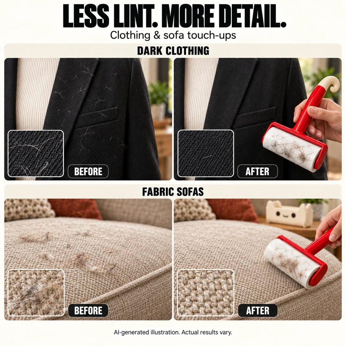 Pet hair remover roller for sofas, bedding and car seats