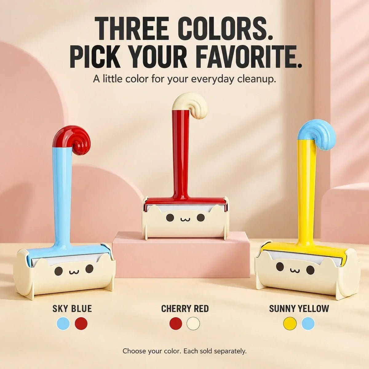Pet hair lint roller available in three color combinations