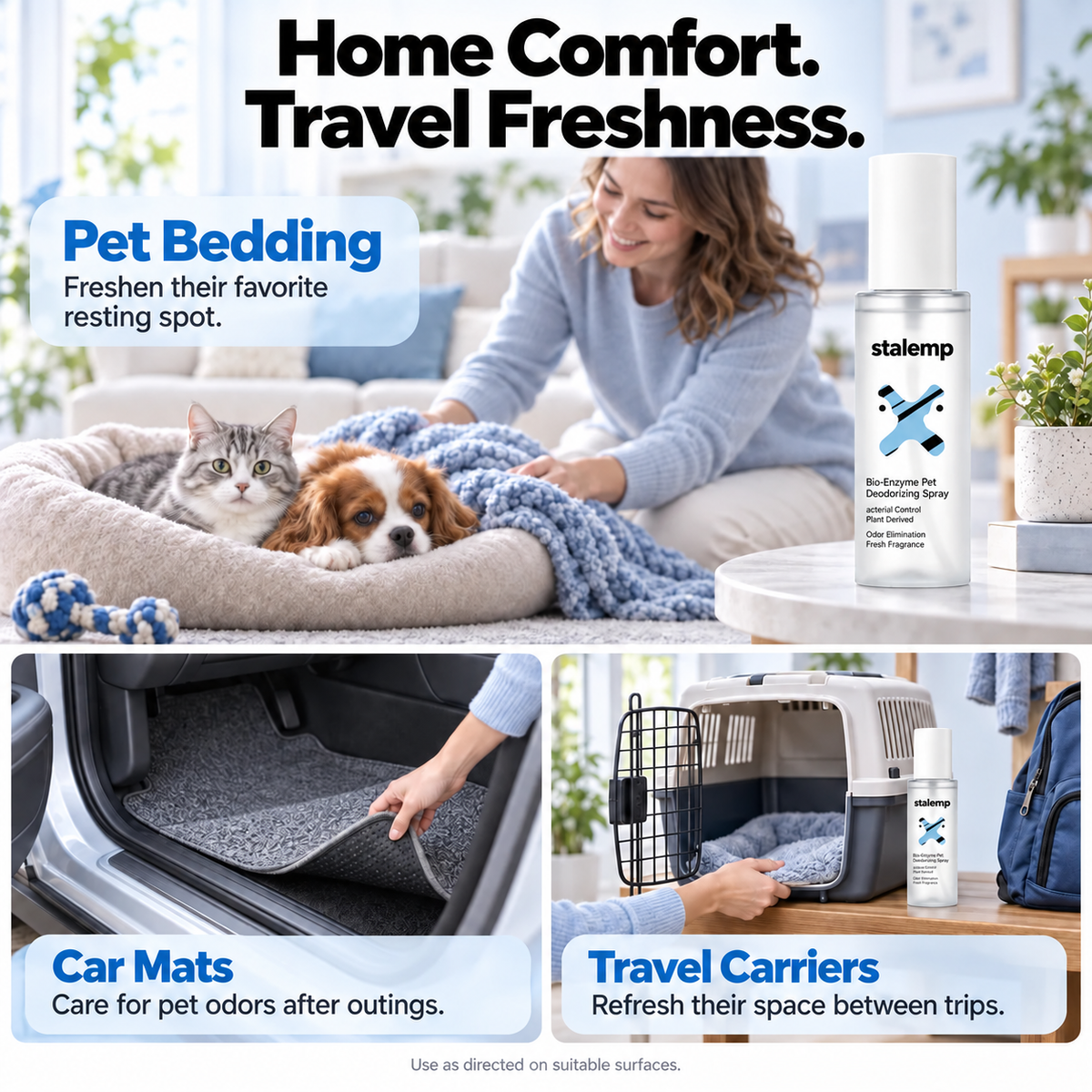 Stalemp pet deodorizing spray for bedding car mats and travel carriers